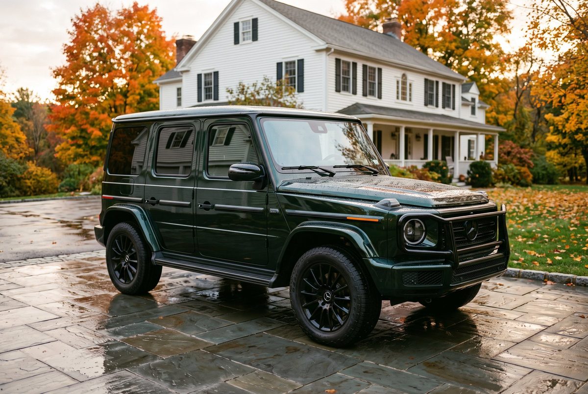 Dark green G-Class on a wet bluestone driveway after a ceramic coating